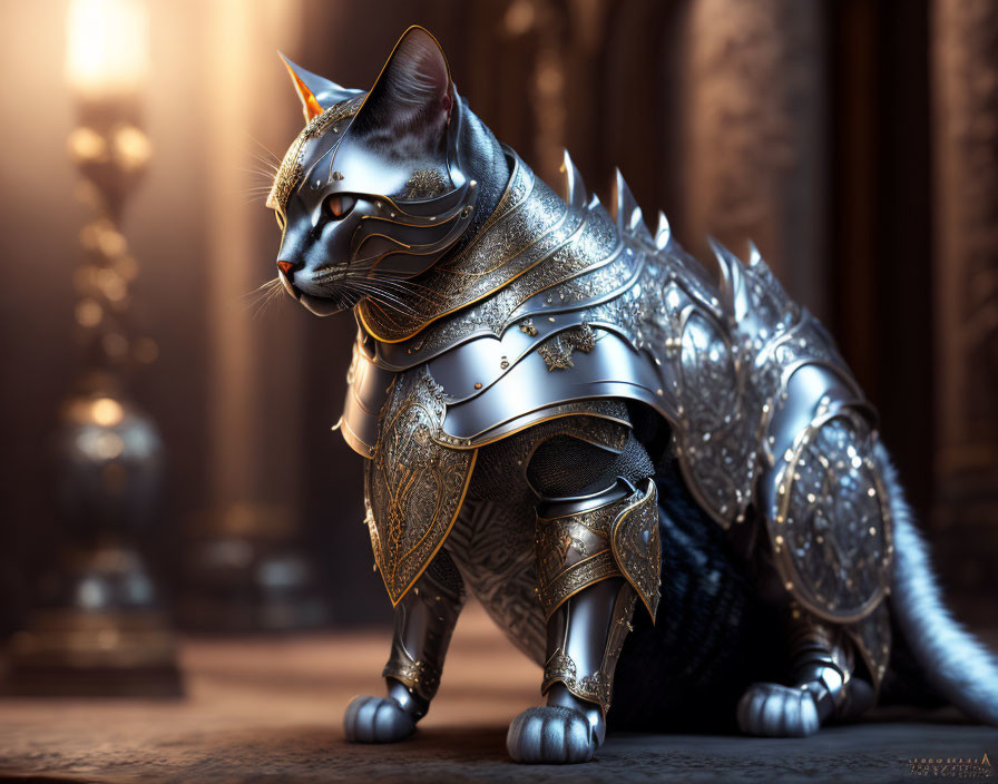 Digital artwork: Regal cat in medieval armor in dimly lit hall