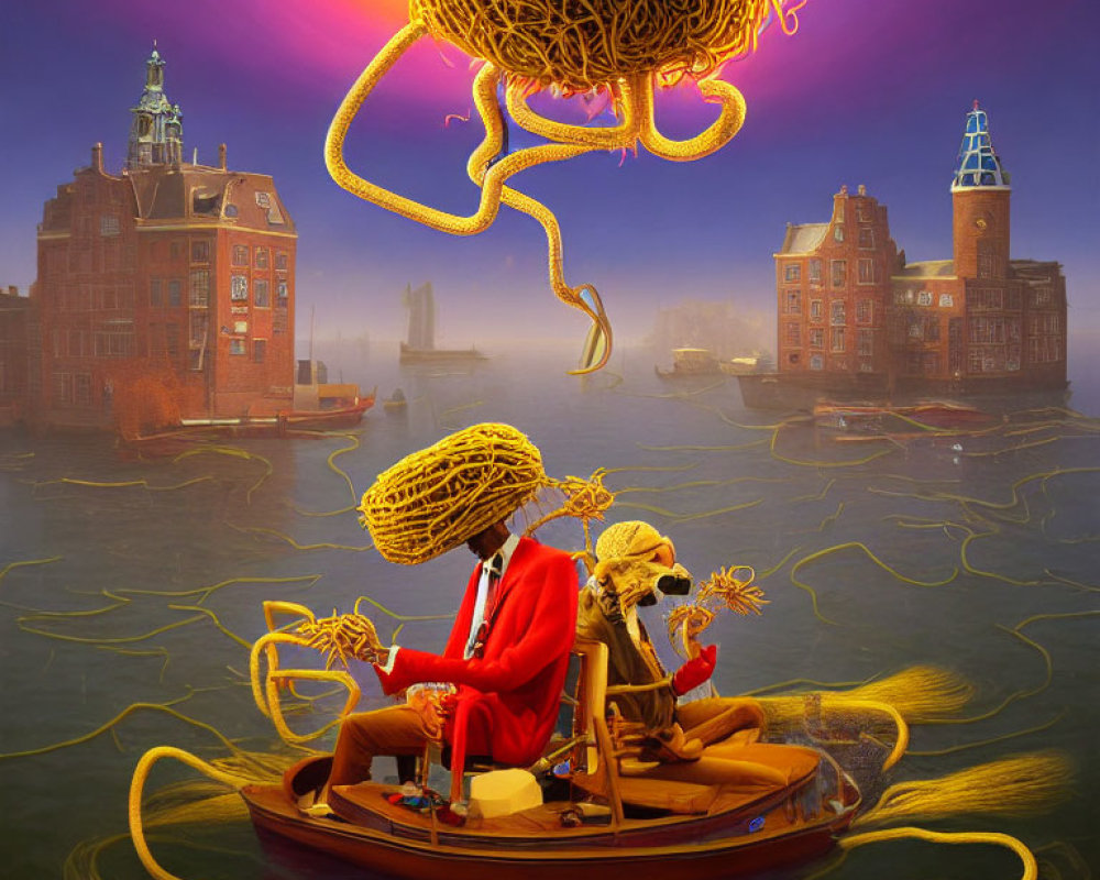 Surreal city river scene with yarn-headed figures and giant yarn ball