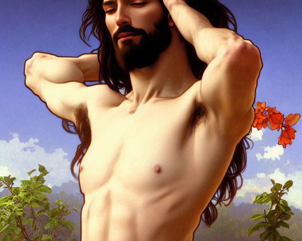 Shirtless man with long hair posing against sky with flowers