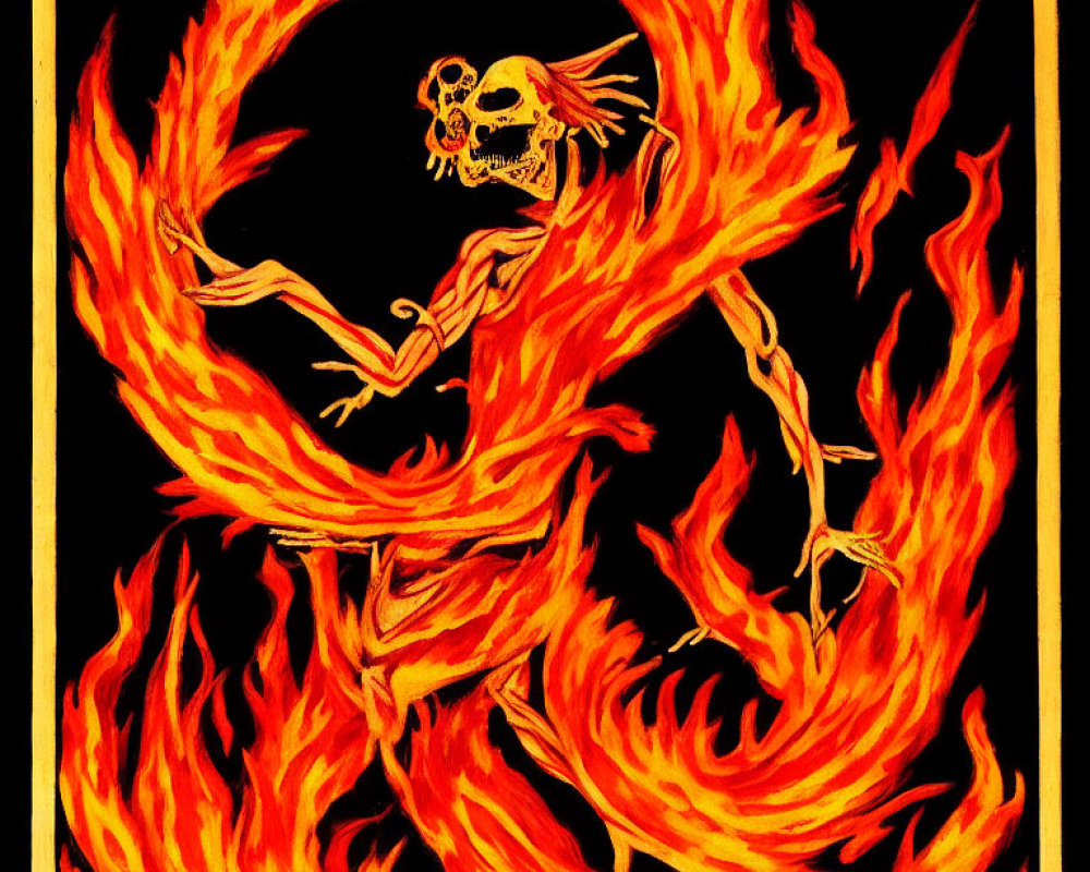 Burning skeleton with skull in hand engulfed in flames