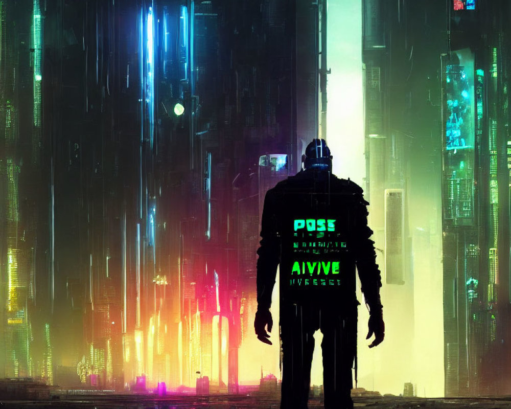 Silhouette in neon-lit futuristic cityscape with skyscrapers