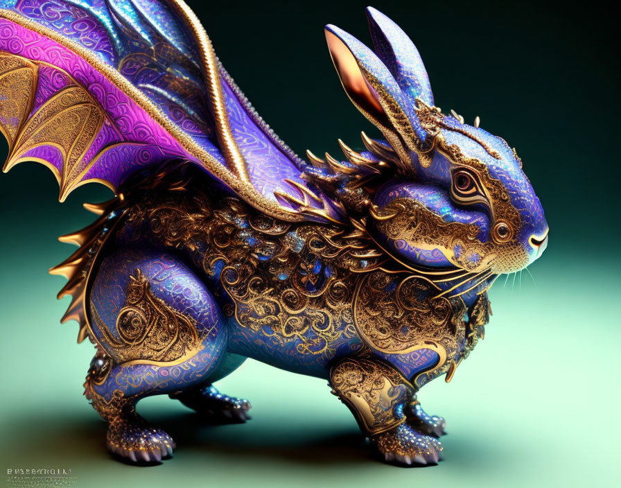 Metallic ornate dragon with rabbit features in purple shimmer.