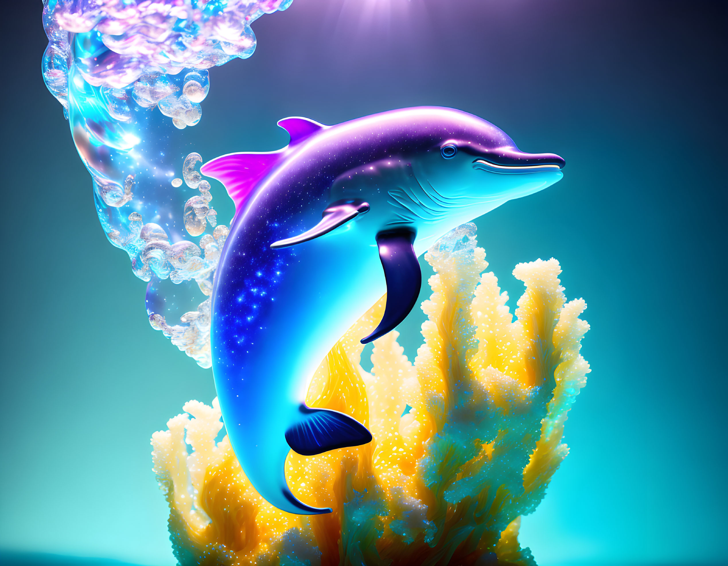 Colorful digital artwork: Dolphin with cosmic pattern leaping over yellow coral on blue background