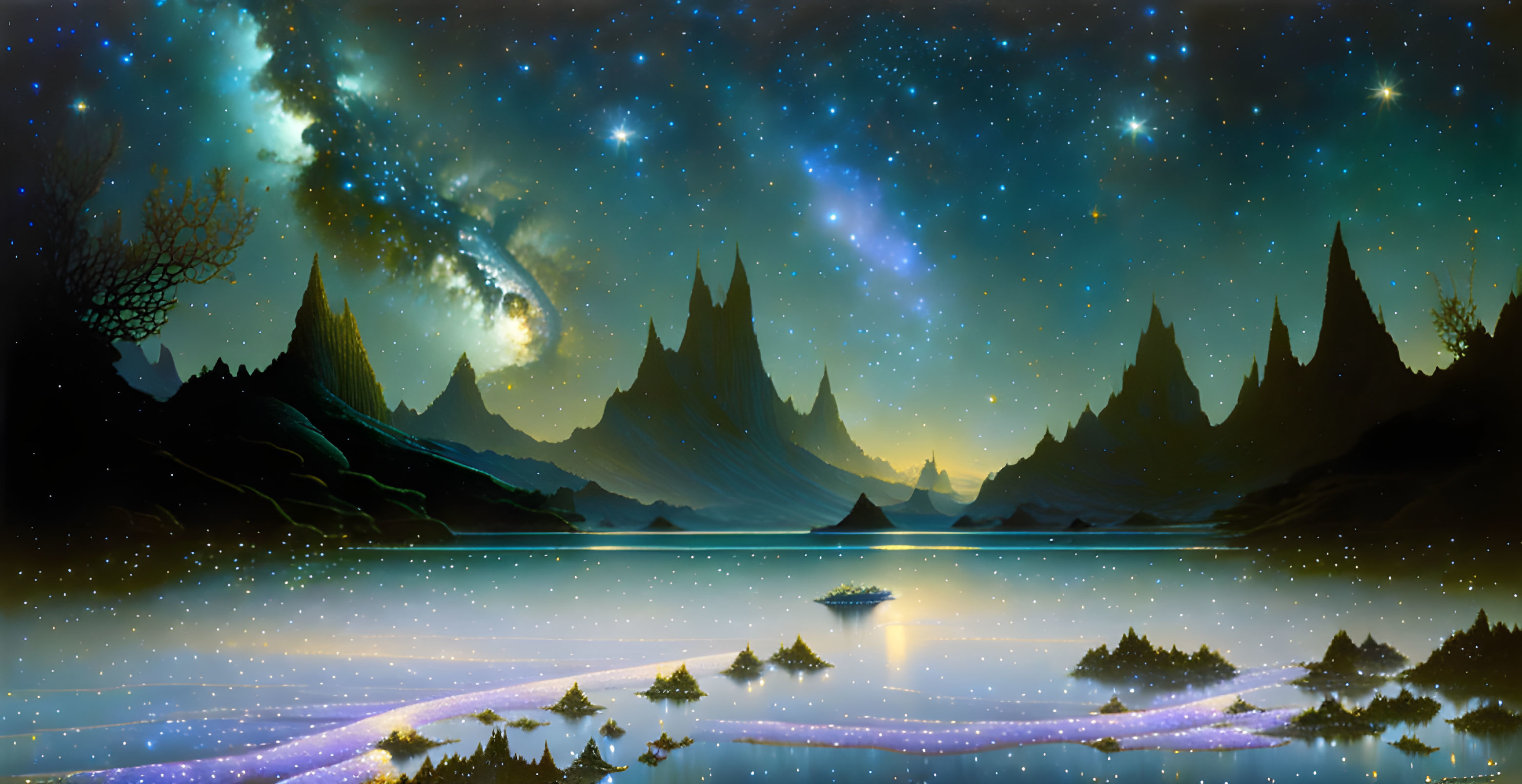 Luminous galaxy over serene night landscape