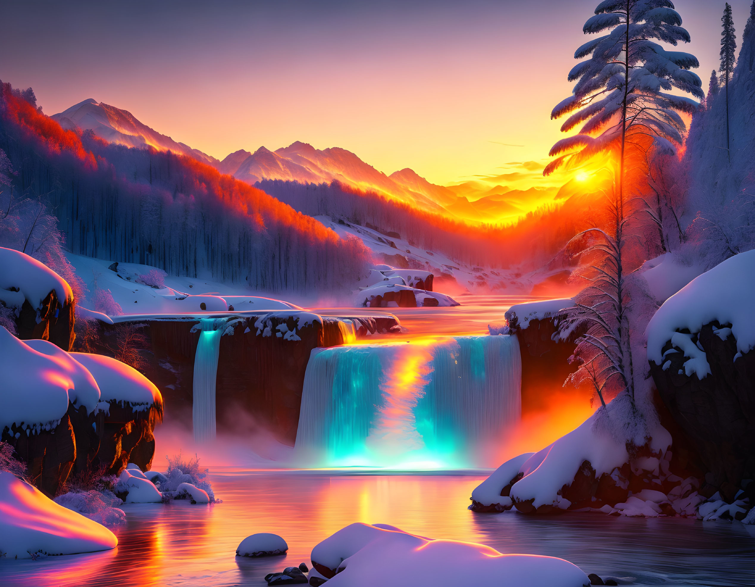 Vivid Orange Winter Sunset Over Snowy Mountains & Waterfall