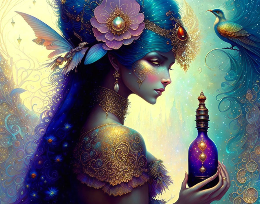 Fantasy illustration of woman with blue hair and peacock feather accessories