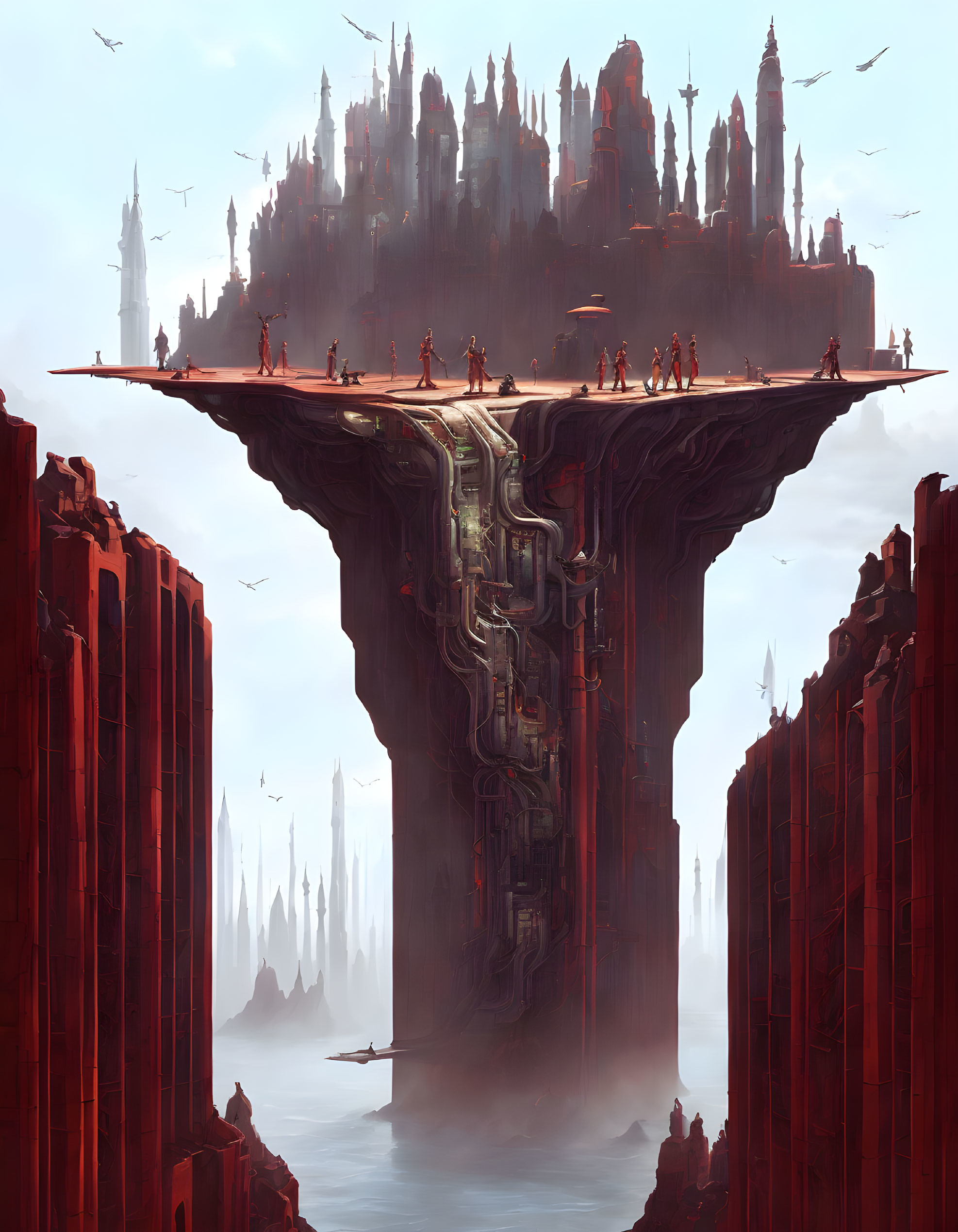 Fantastical floating city above colossal rock formation under red sky