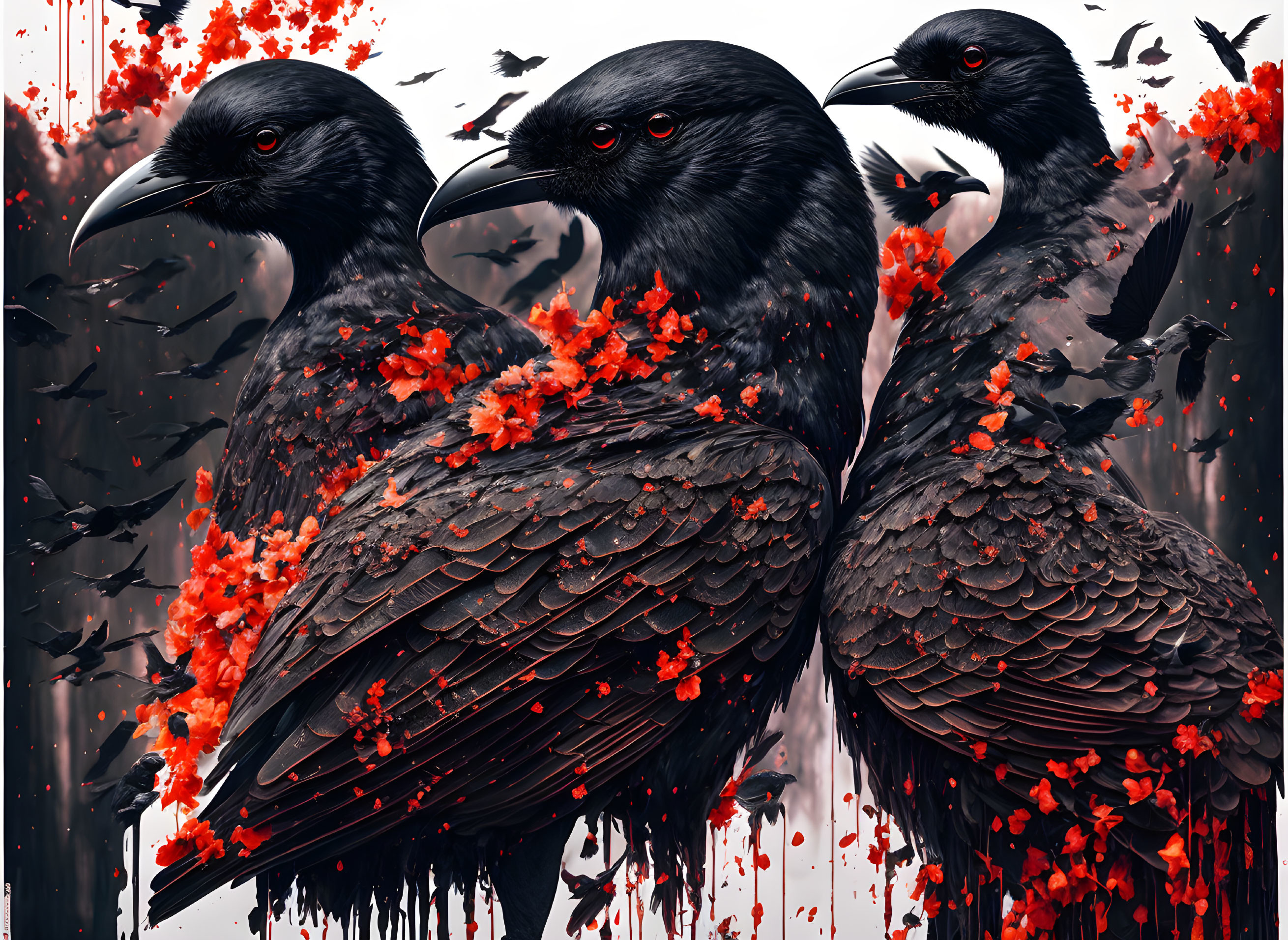 Three black ravens with red eyes in red flower setting on white background