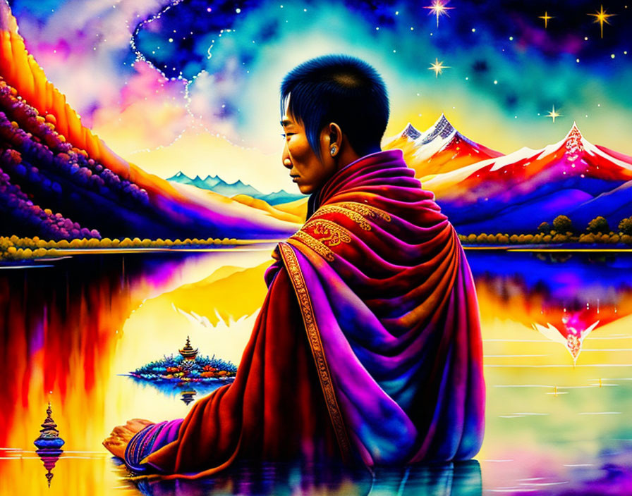 Colorful artwork: Person in red shawl meditating in psychedelic landscape