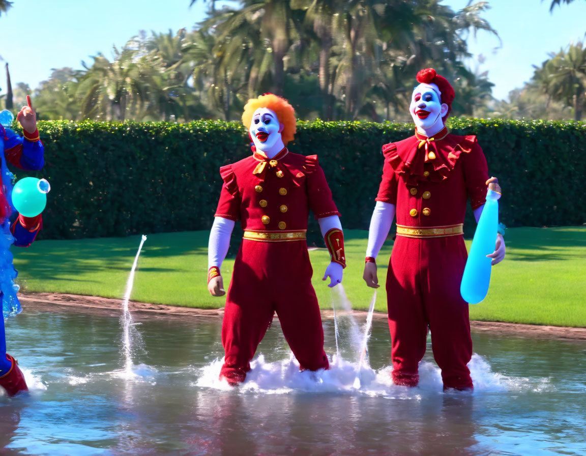 Clowns in Red Outfits with Balloons and Baton by Water Feature