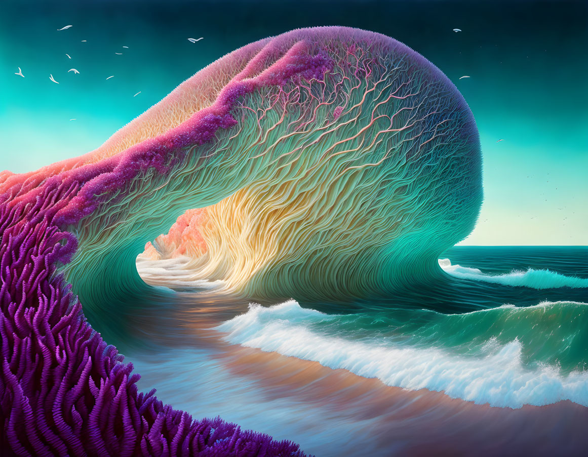 Surreal landscape with wave and tree-like textures in pink, yellow, and teal