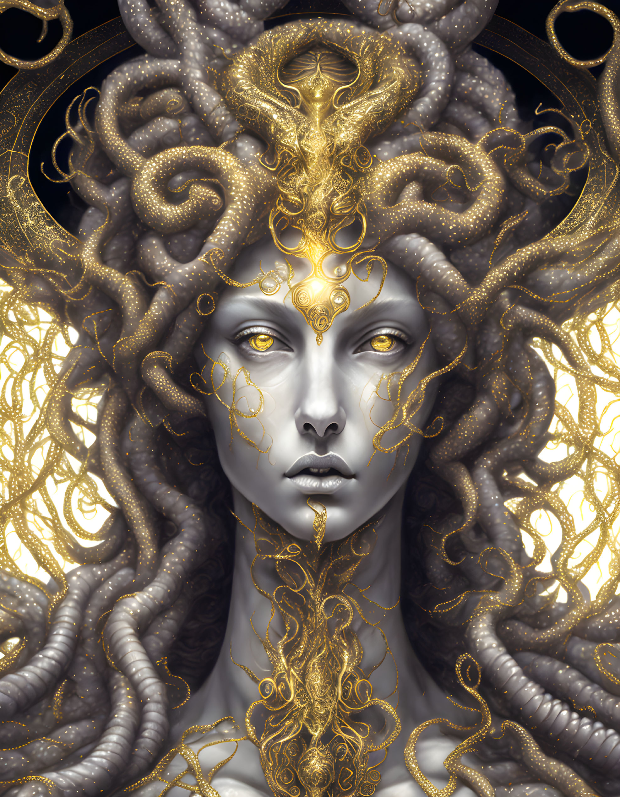 Mystical being with golden serpentine hair and intricate adornments