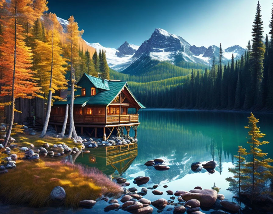 Tranquil lake scene with cabin, autumn trees, and mountain