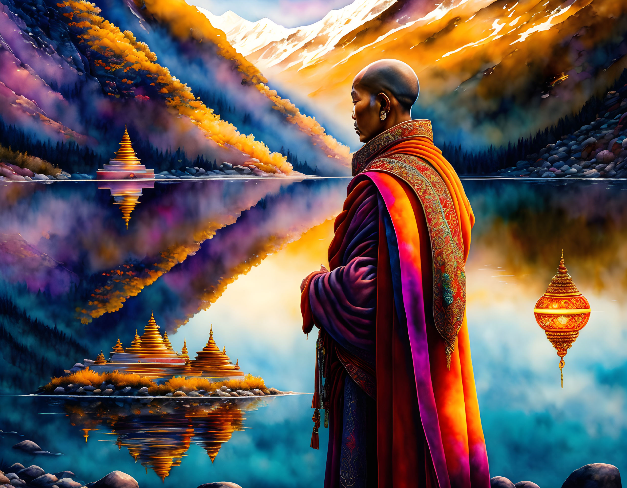 Tranquil bald figure in orange robe by autumn lake with temples and lanterns