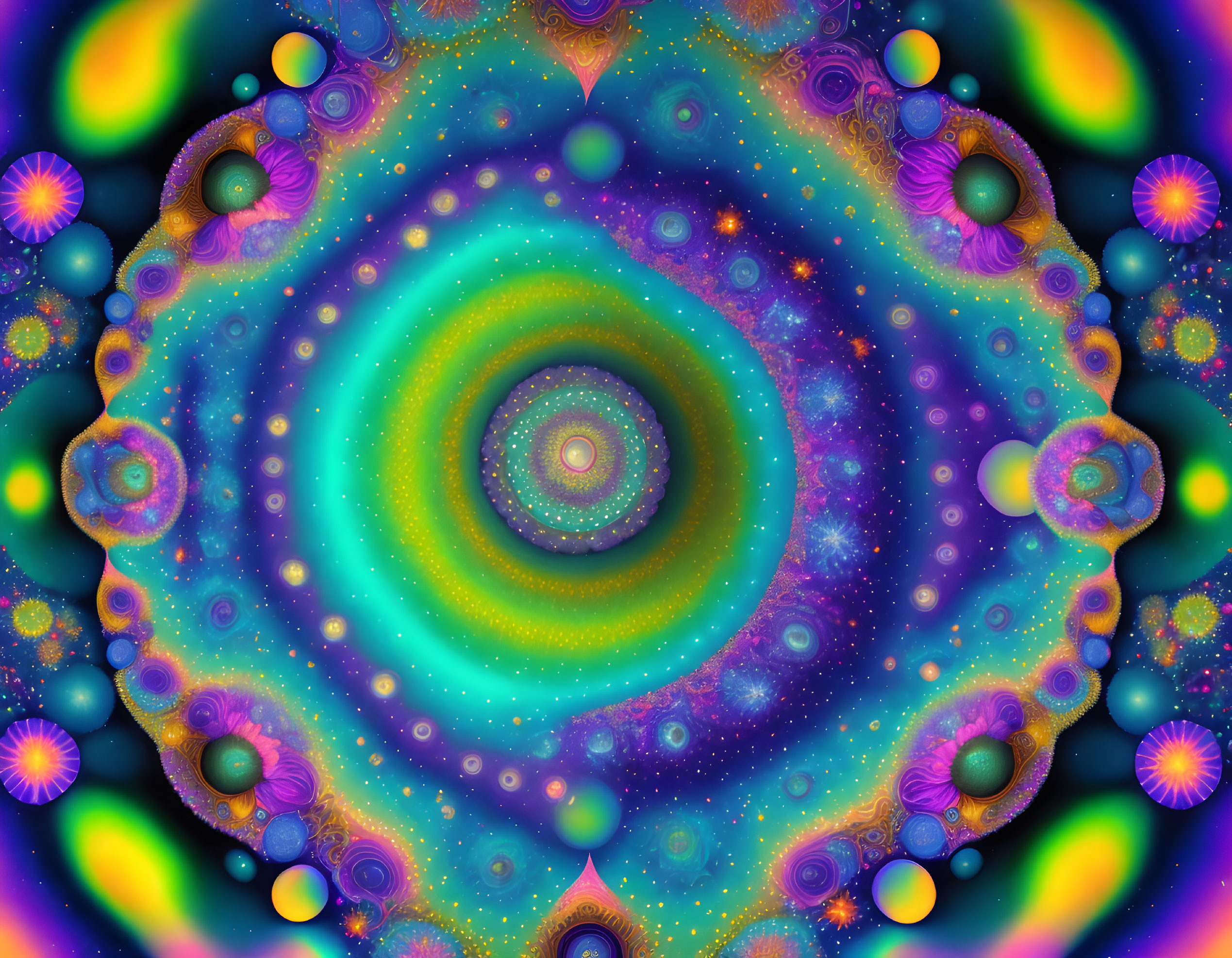 Colorful fractal image with spiraling patterns in greens, purples, and blues, adorned