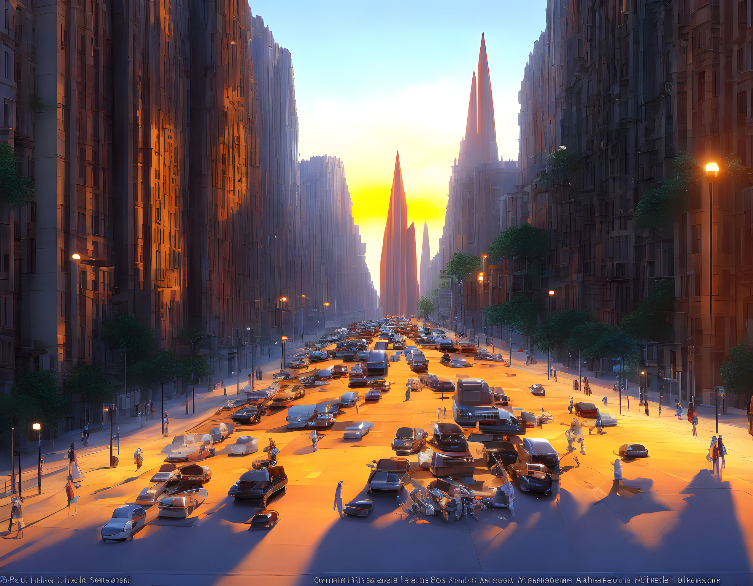 Busy City Street Sunset Scene with Traffic, Pedestrians, and Futuristic Buildings