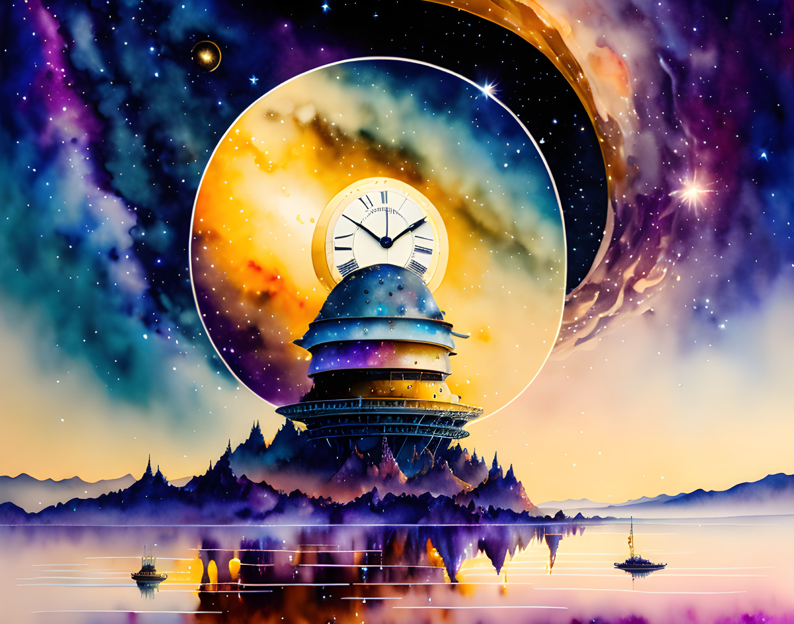 Floating clock-tower building in surreal landscape with galactic swirls and planets reflected in misty lake