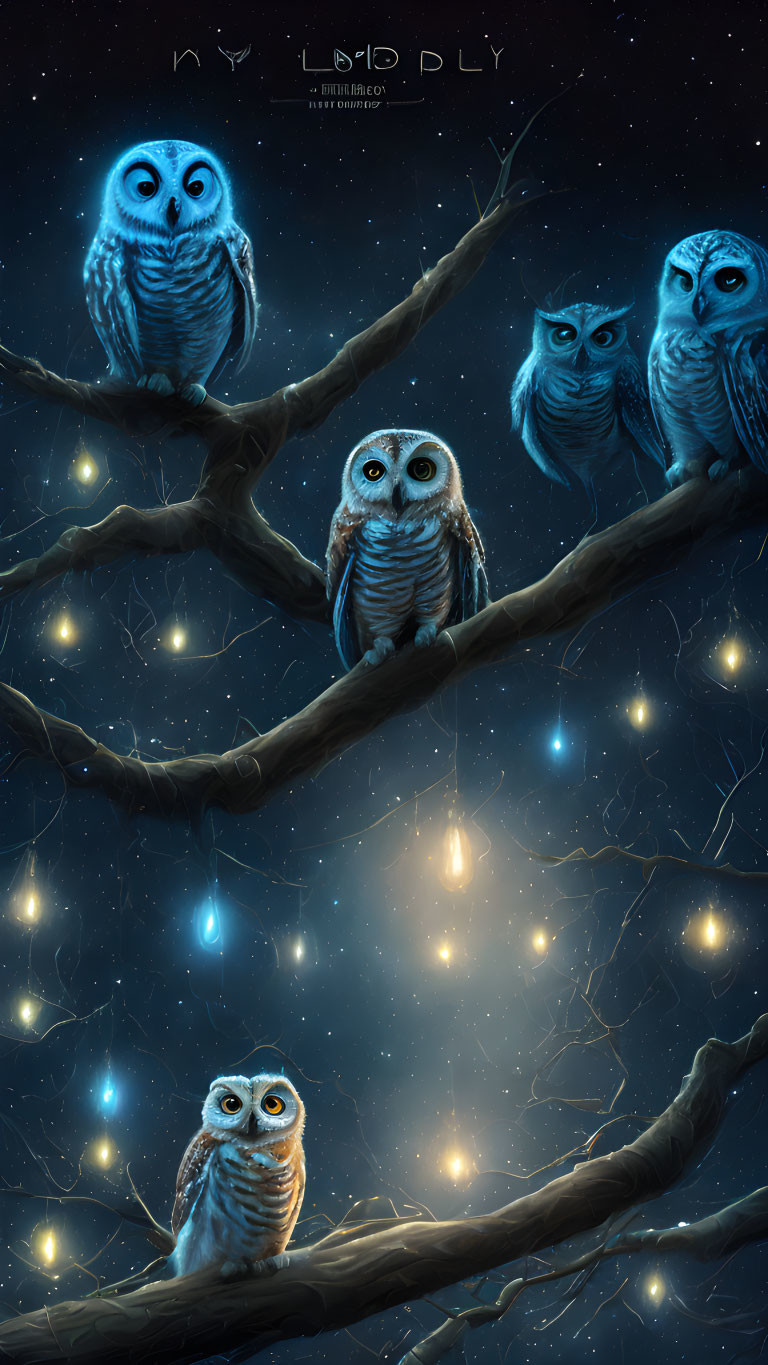 Five stylized owls on night-time branches with glowing lights under starry sky