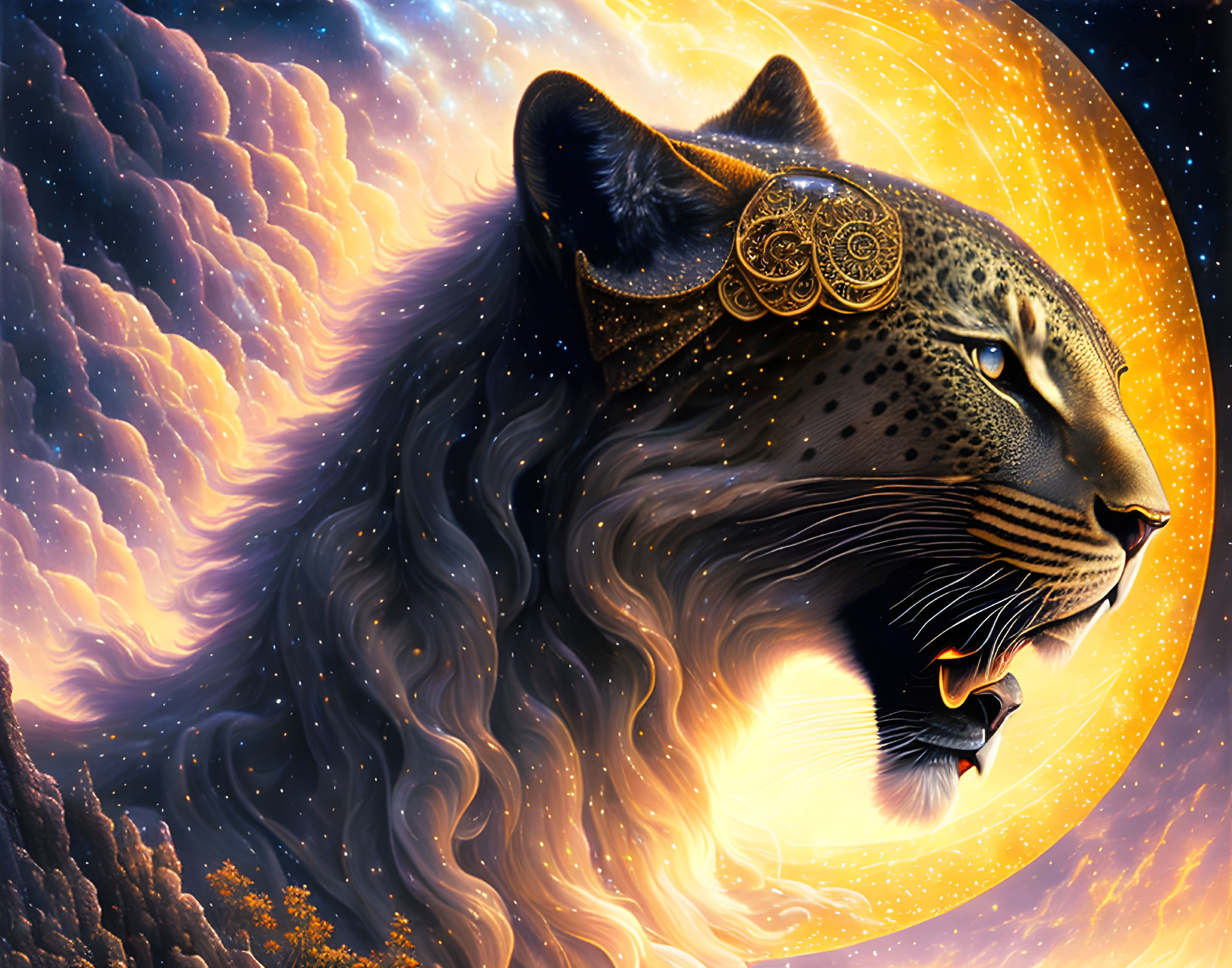 Majestic leopard with golden headdress in cosmic scene