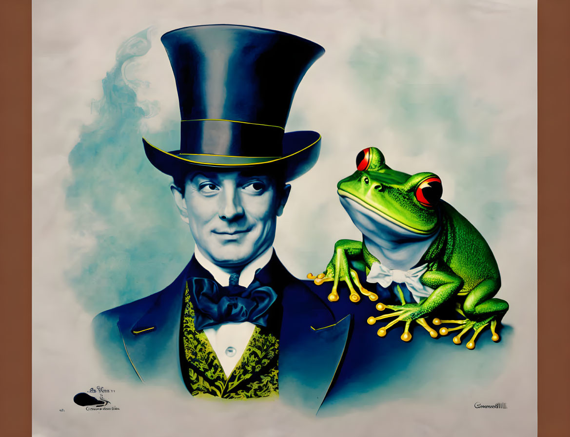 Man in Top Hat with Green Frog Illustration on Cream Background