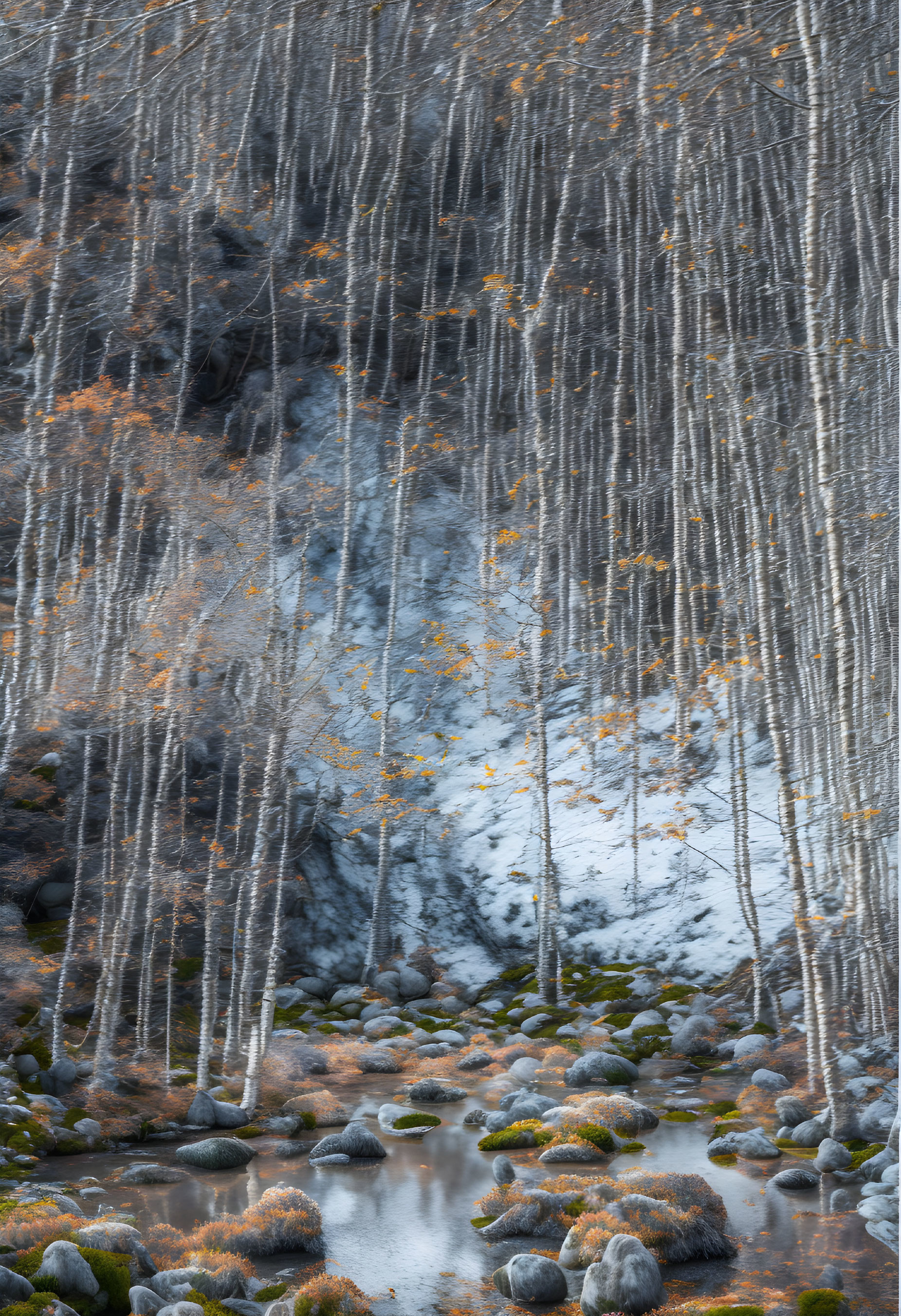 Tranquil Winter Forest Scene with Bare Trees and Snow-covered Stream