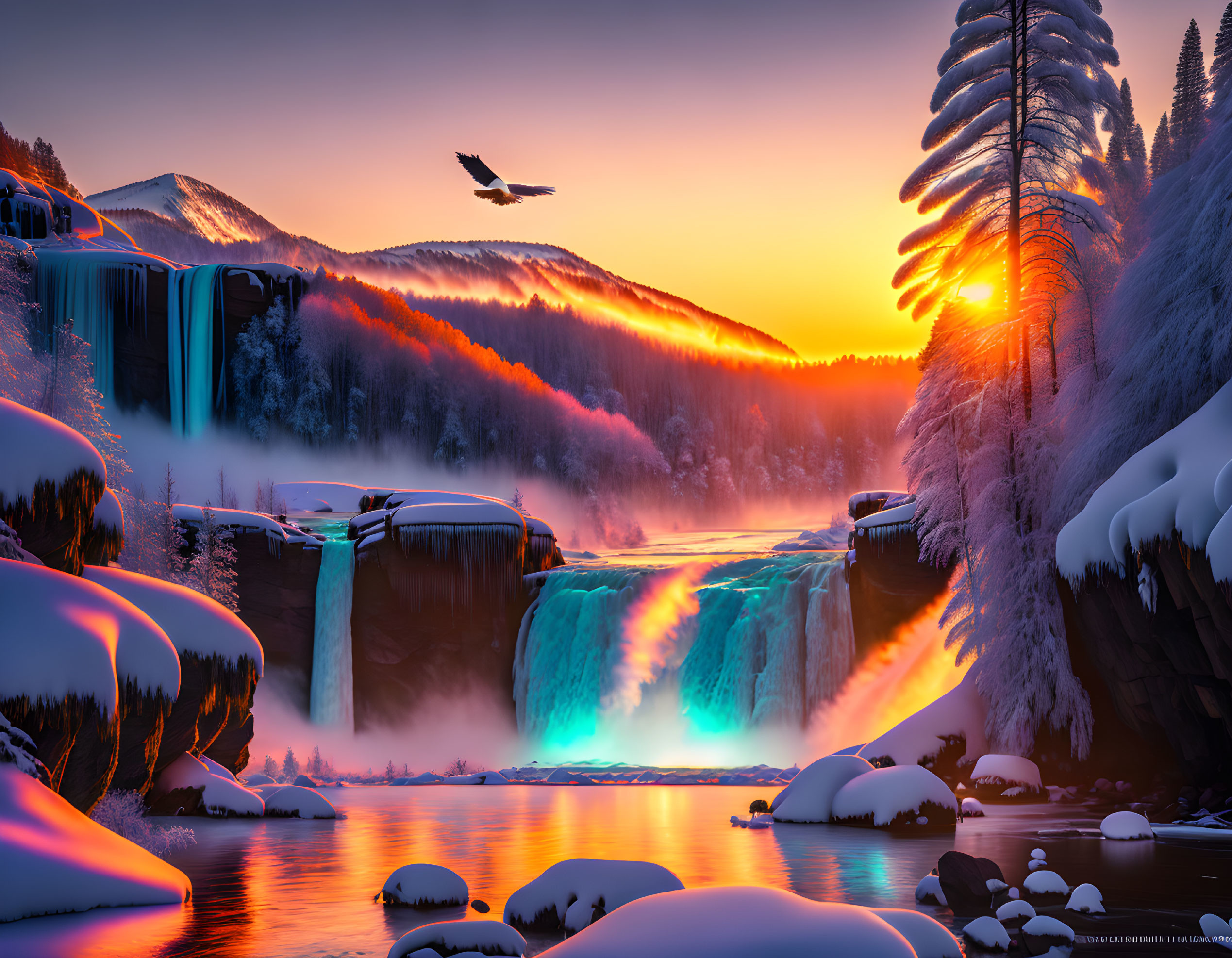 Winter Waterfall Scene: Sunset, Snow-Covered Trees, Bird Flying