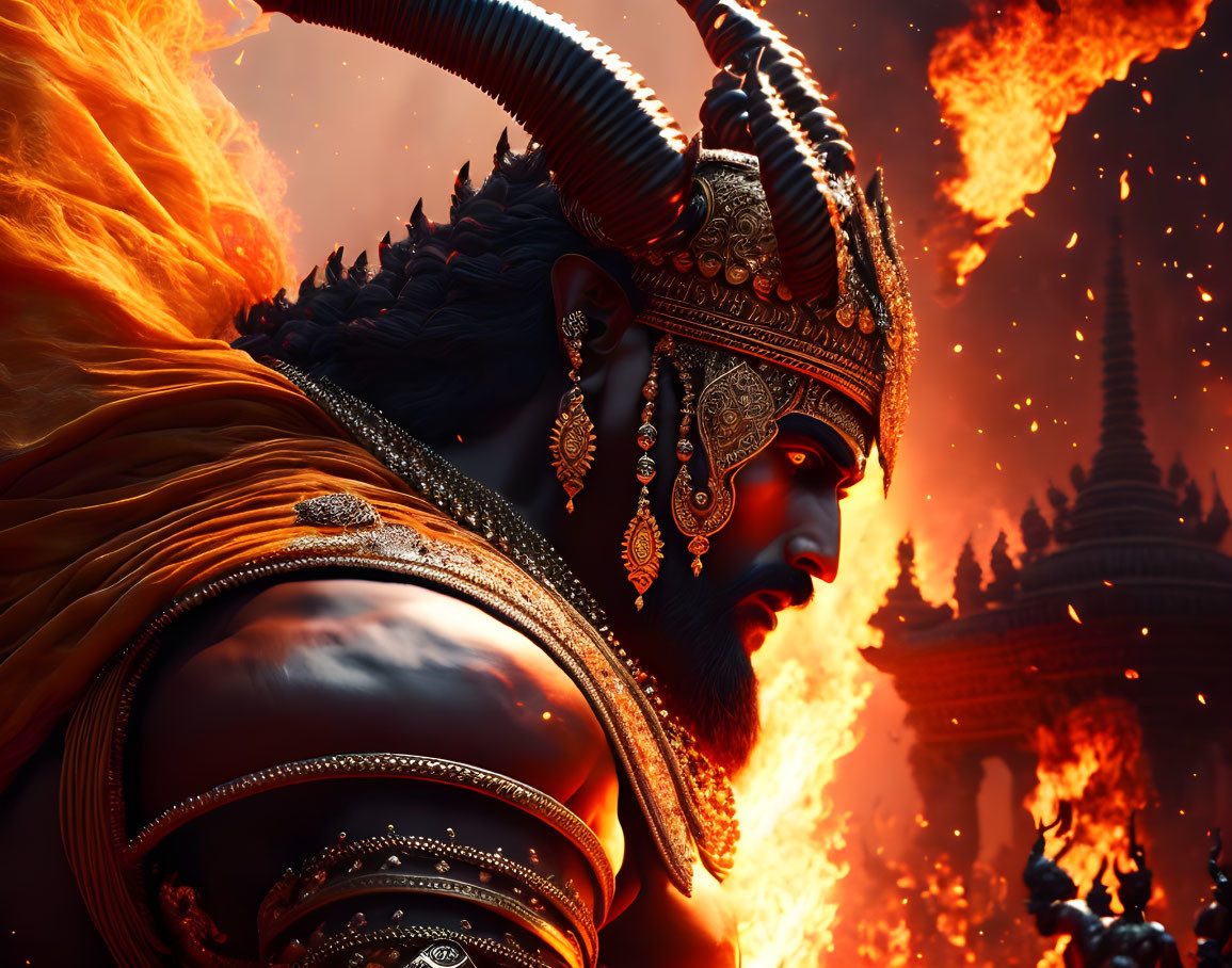 Mythological figure with ornate headgear and fiery backdrop