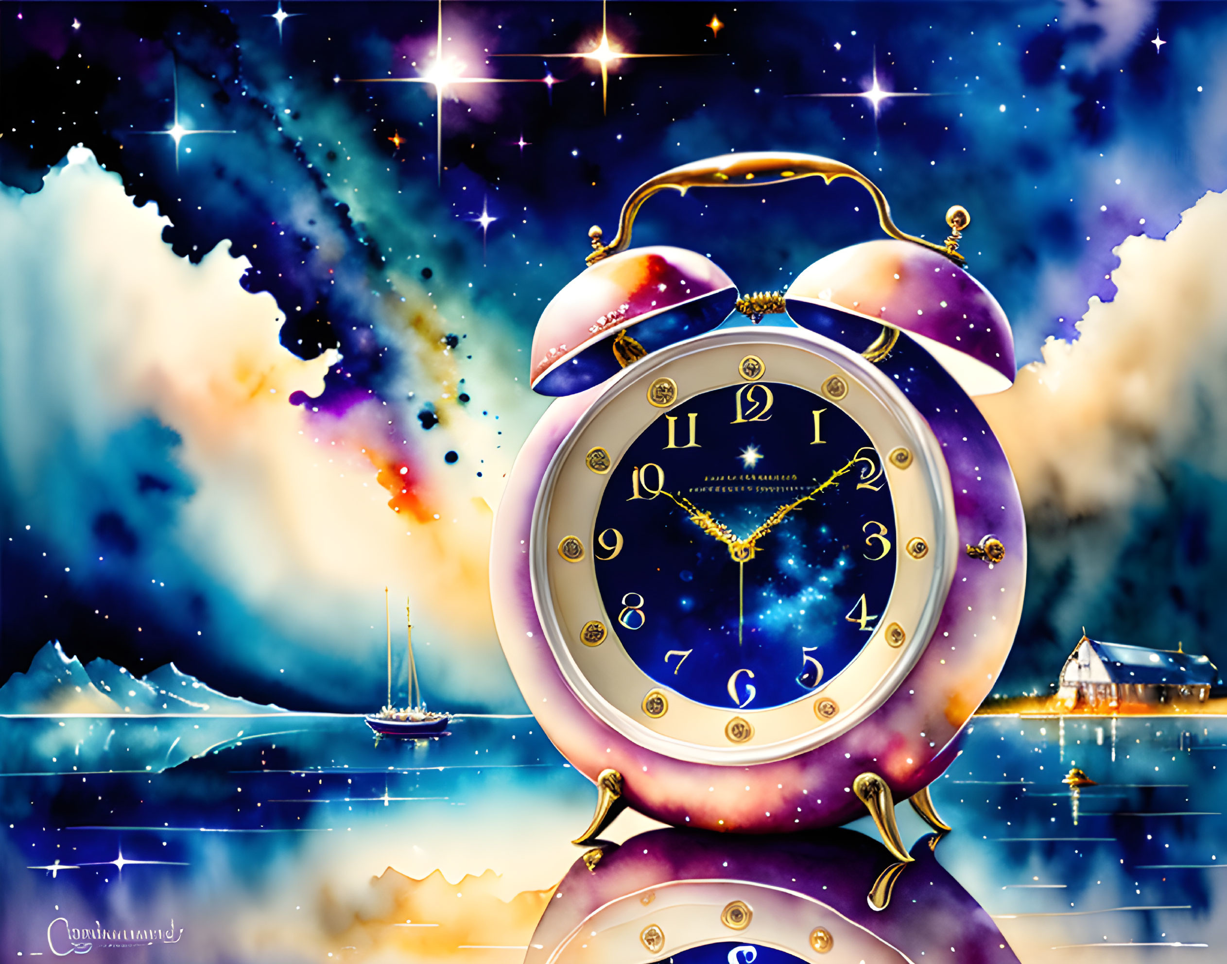 Galaxy-themed alarm clock painting over serene night sky and lake