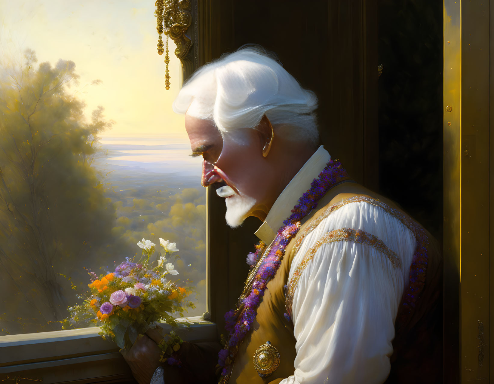 Elderly gentleman with white hair and mustache gazes out window with flowers