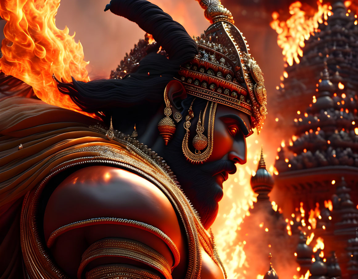 Blue-skinned figure in Indian attire with fiery backdrop - digital artwork