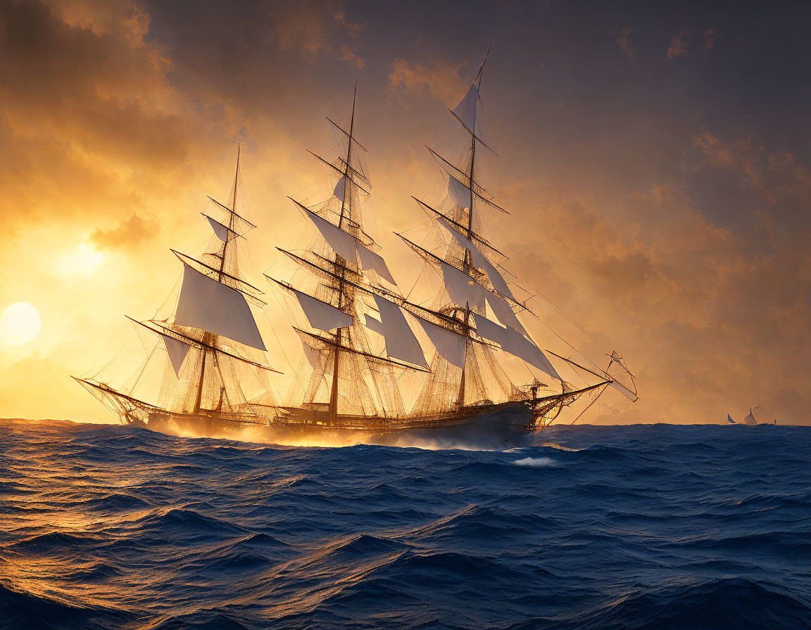 Majestic tall ship sailing at sunset with unfurled sails