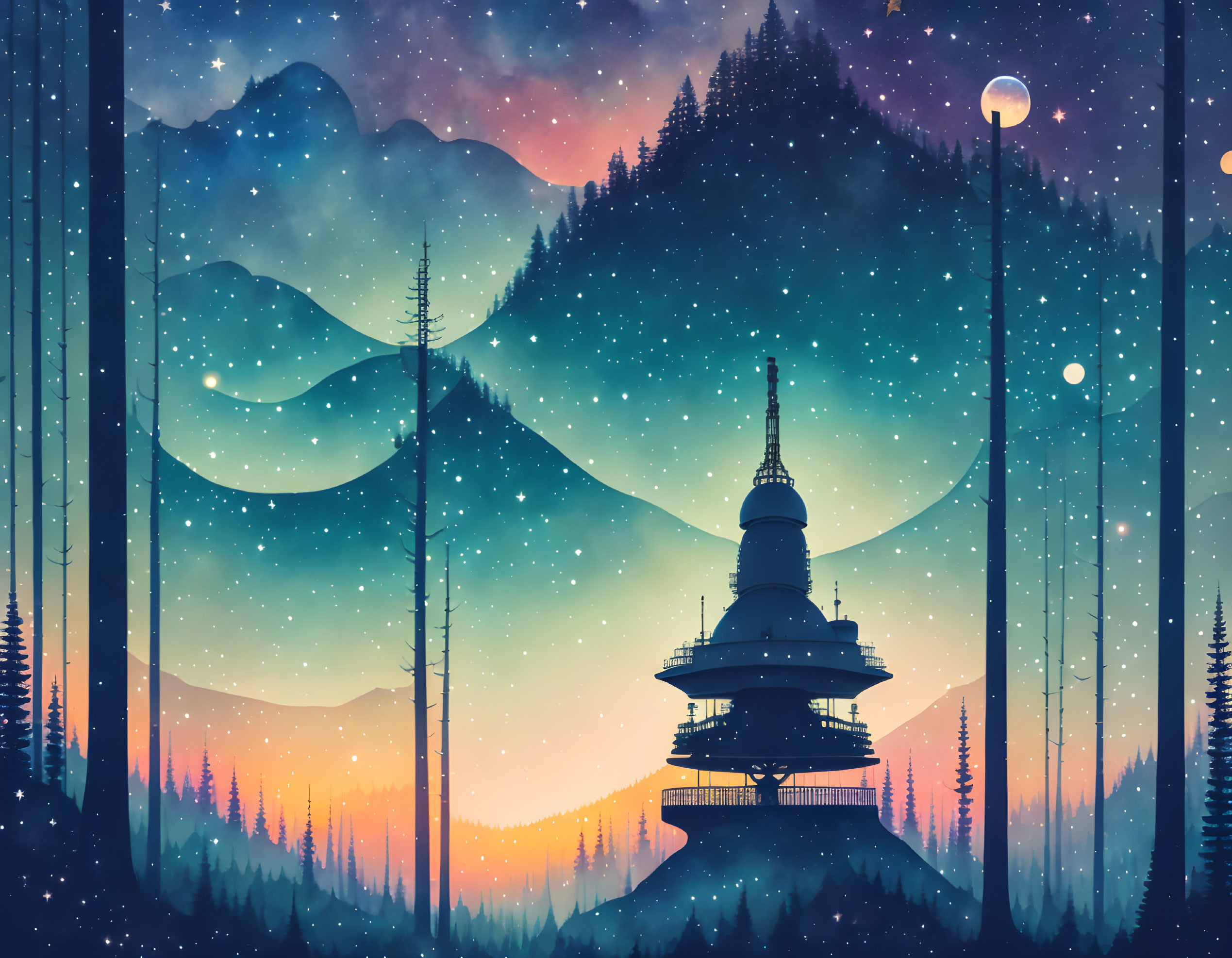 Tranquil forest pagoda scene with mountains and lanterns