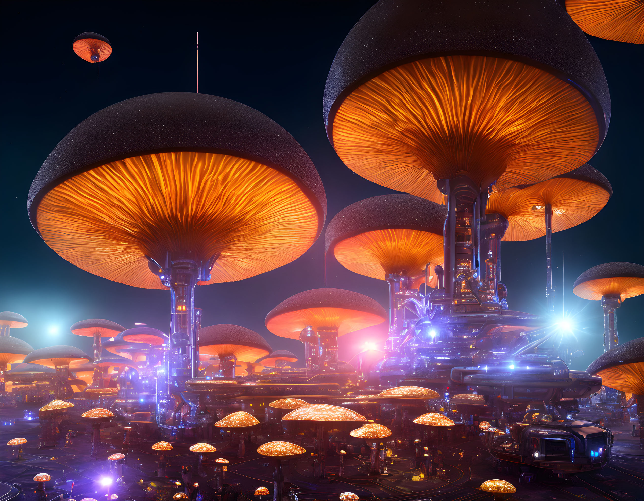 Futuristic cityscape with illuminated mushroom-like towers and airships