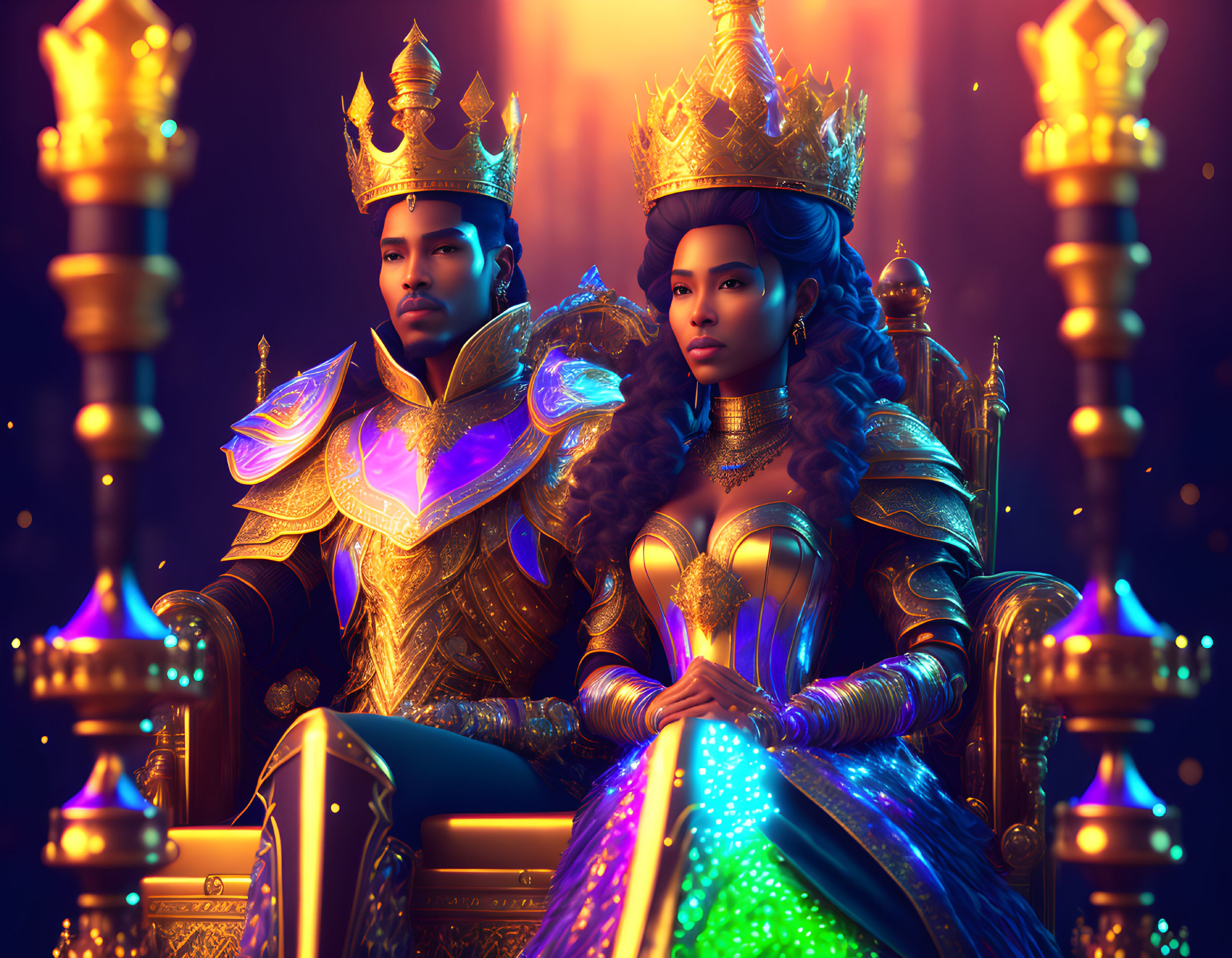 Royal King and Queen in Golden Armor on Thrones