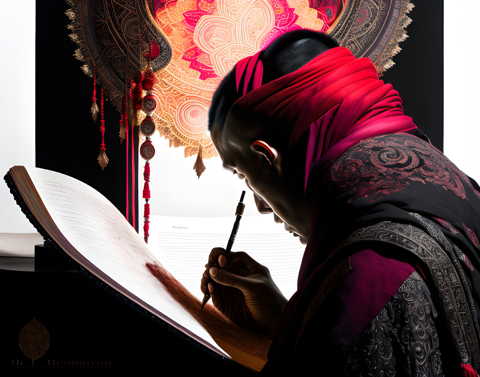 Person in traditional attire writing with feather quill on mandala backdrop