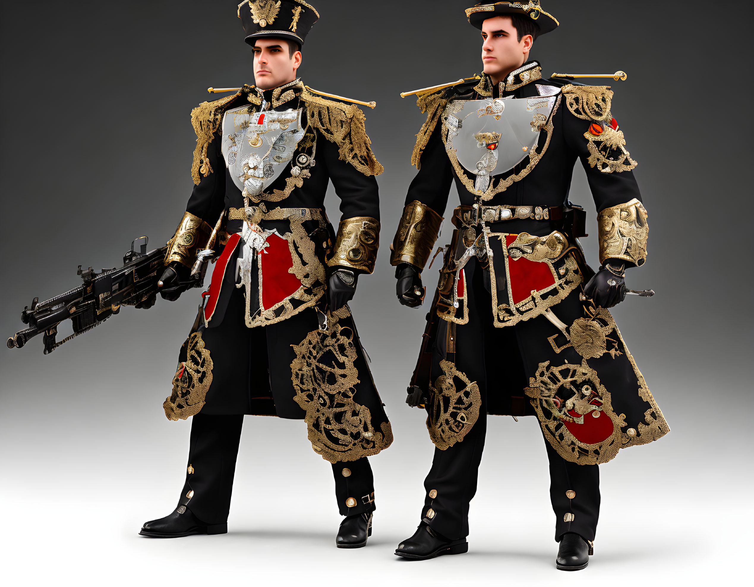 Military-style uniforms with gold embroidery and ceremonial rifles on grey backdrop