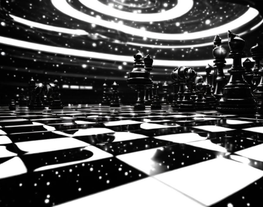 Monochrome chessboard with cosmic backdrop and swirling galaxy sky