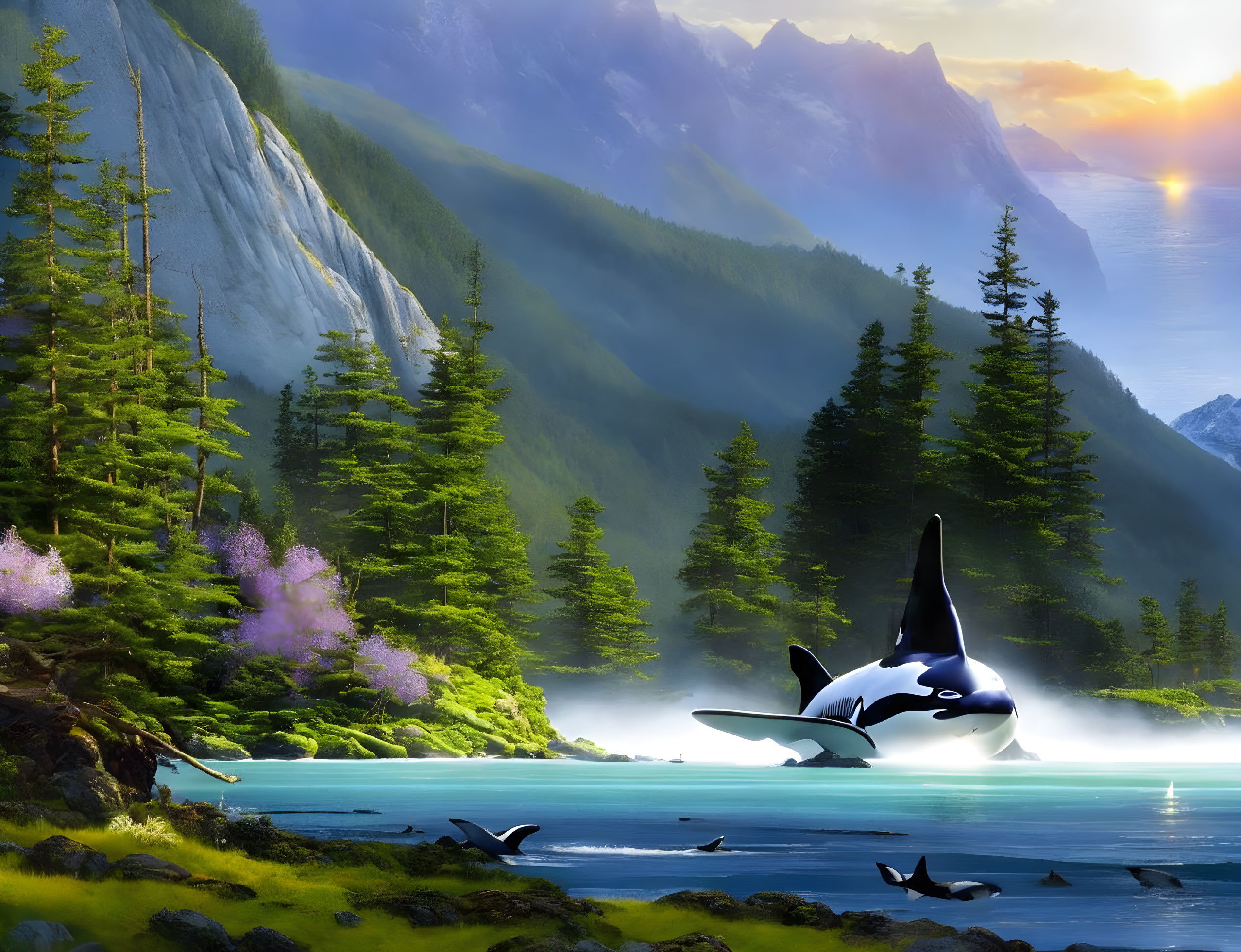 Orca leaping in turquoise river amid lush landscape