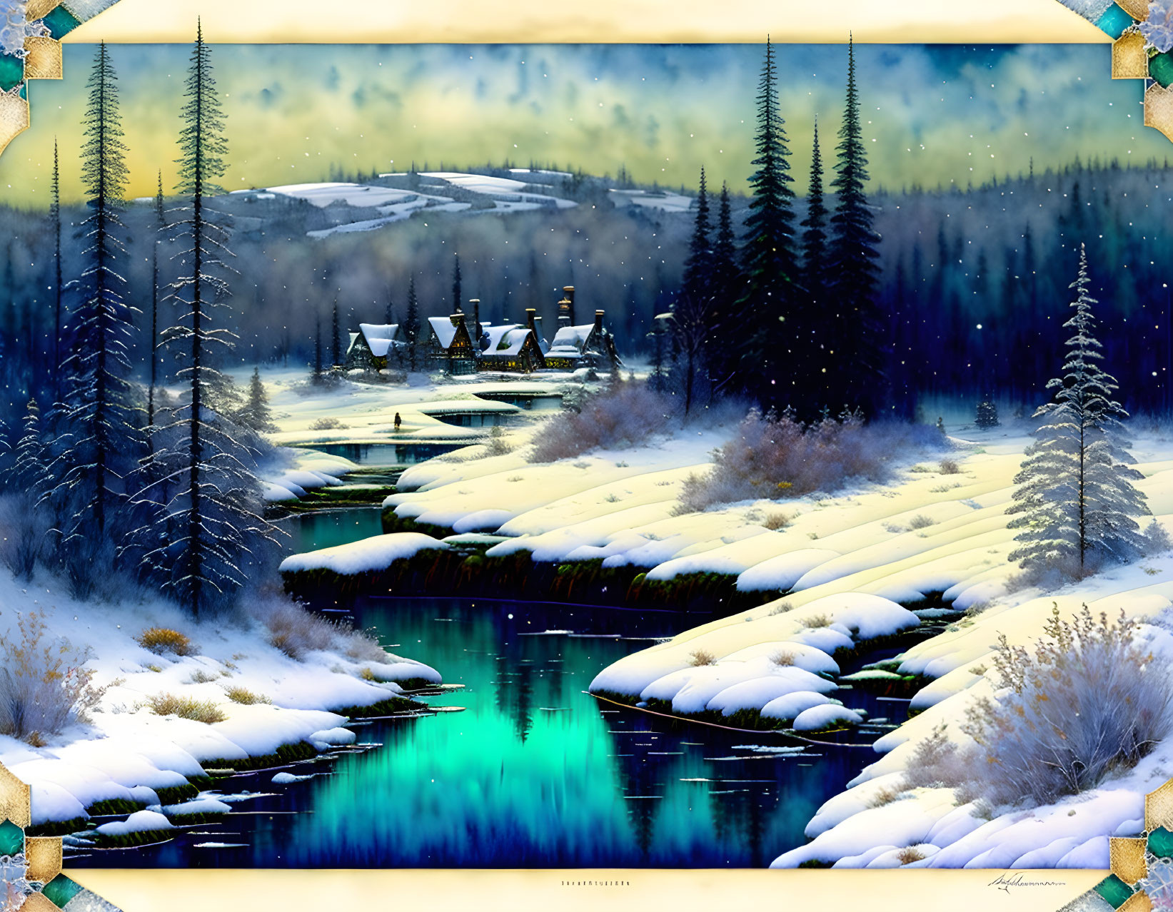 Snow-covered trees, turquoise river, cabins in winter scene