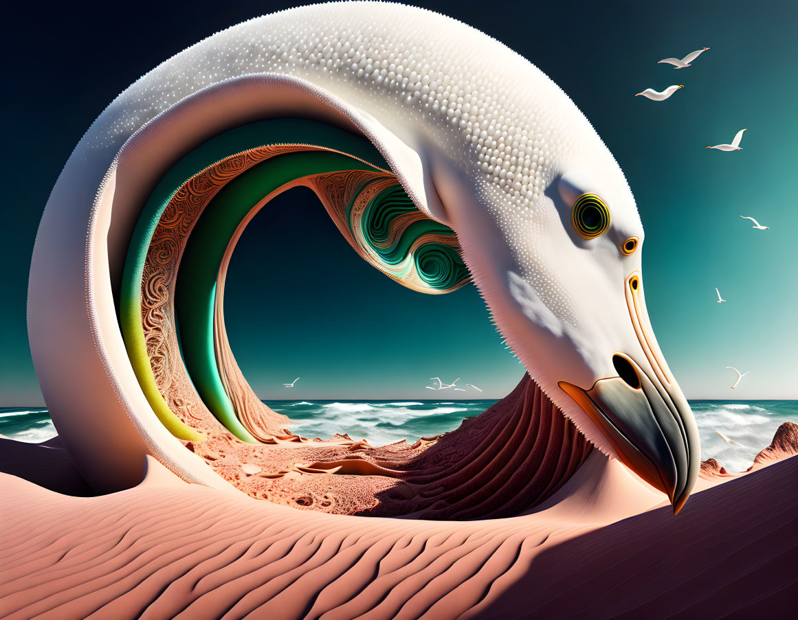 Surreal White Bird Archway Over Desert Landscape and Teal Sky