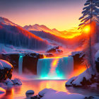 Winter Waterfall Scene: Sunset, Snow-Covered Trees, Bird Flying