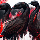 Three black ravens with red eyes in red flower setting on white background