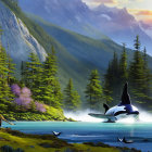 Orca leaping in turquoise river amid lush landscape