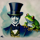 Man in Top Hat with Green Frog Illustration on Cream Background