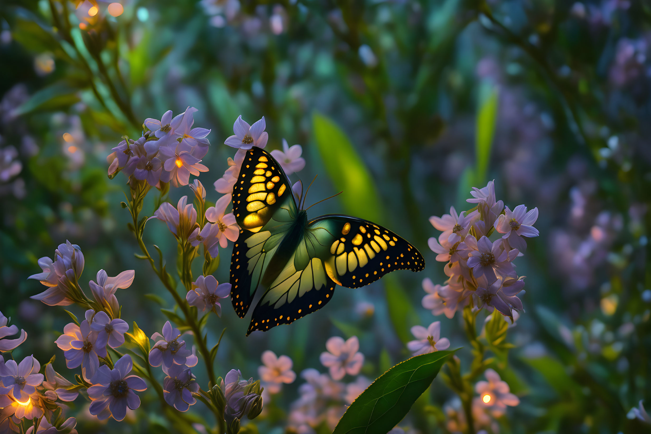 Yellow and Black Butterfly on Pink Flowers in Lush Greenery