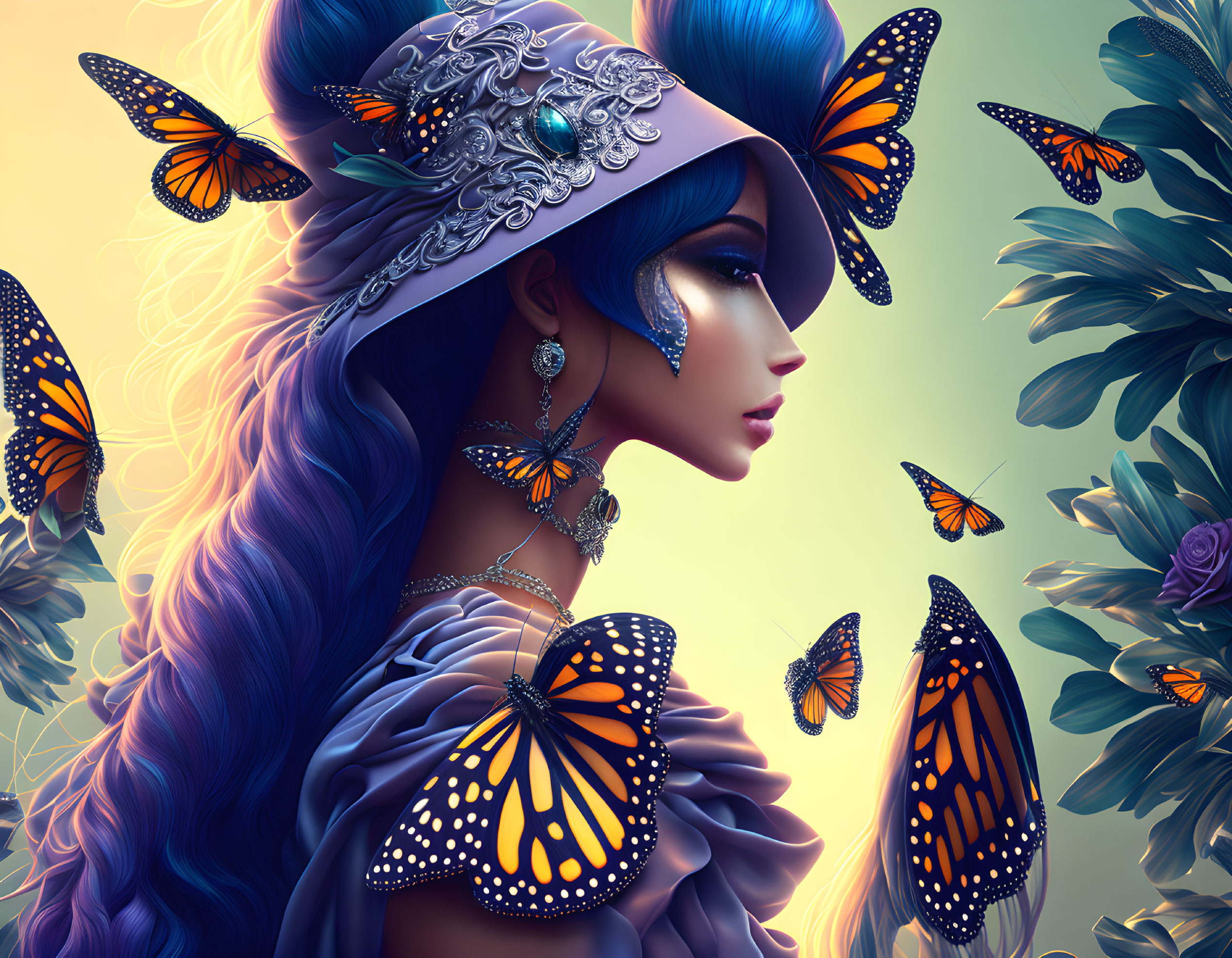 Colorful digital artwork: Woman with blue hair and jeweled hat, surrounded by butterflies in nature.