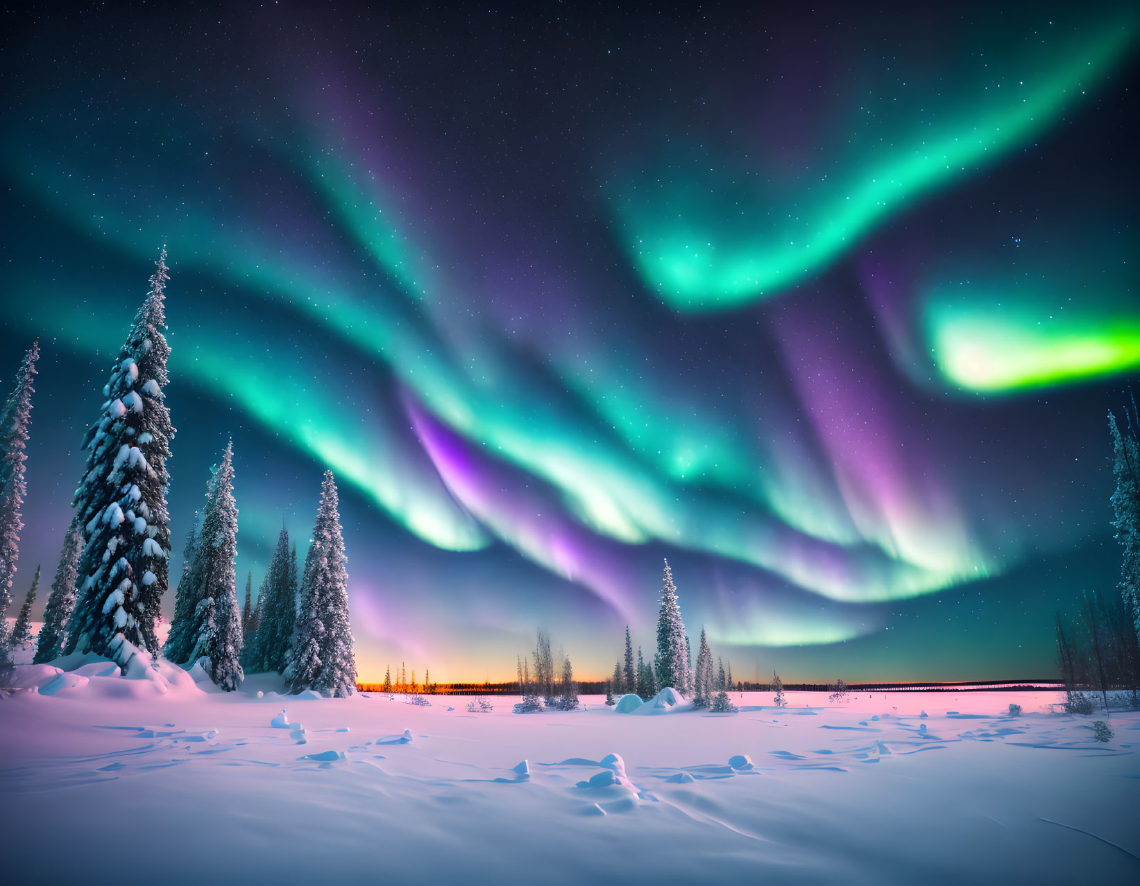 Winter Night Scene: Aurora Borealis Over Snowy Landscape