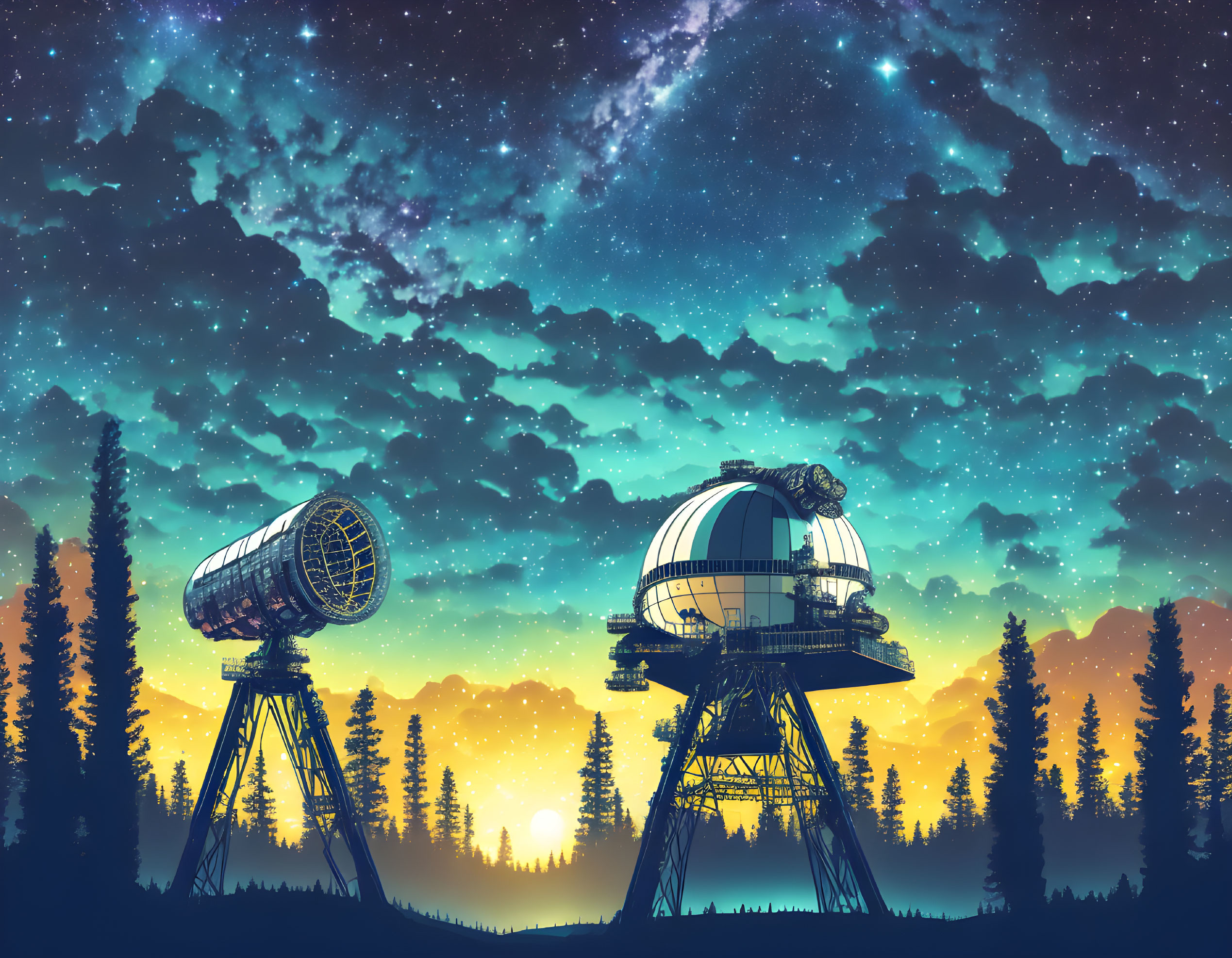 Starry night sky with telescopes in forest landscape