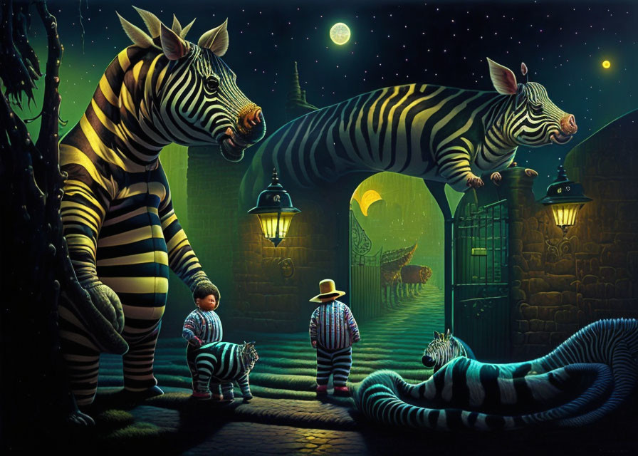 Moonlit alleyway with human-sized zebras and family in zebra-striped outfits