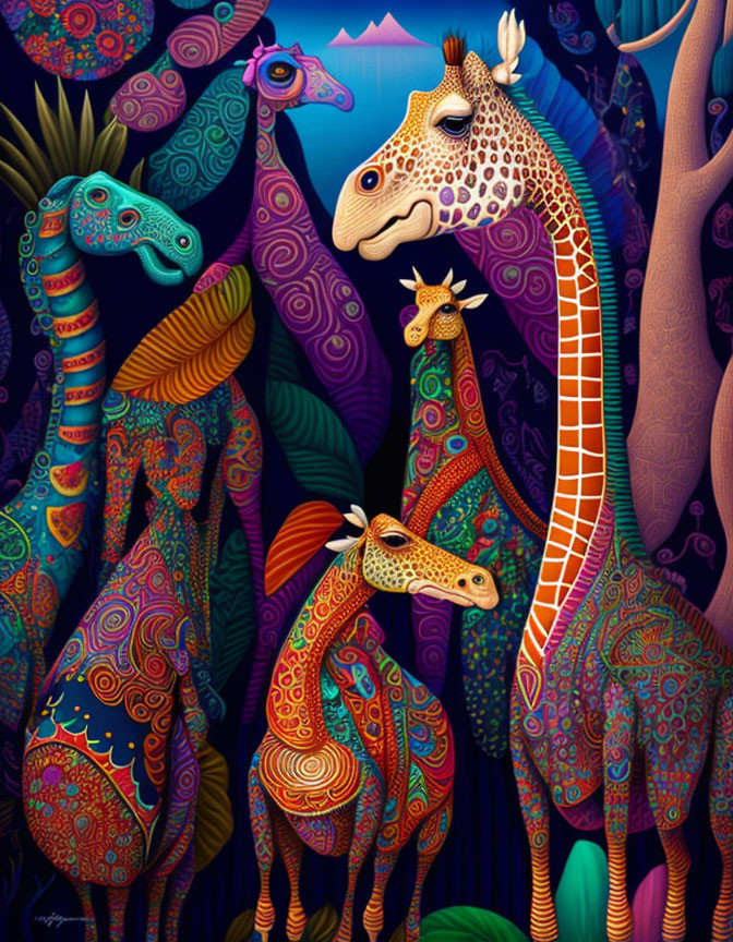 Vibrant Patterned Giraffes in Colorful Jungle Scene